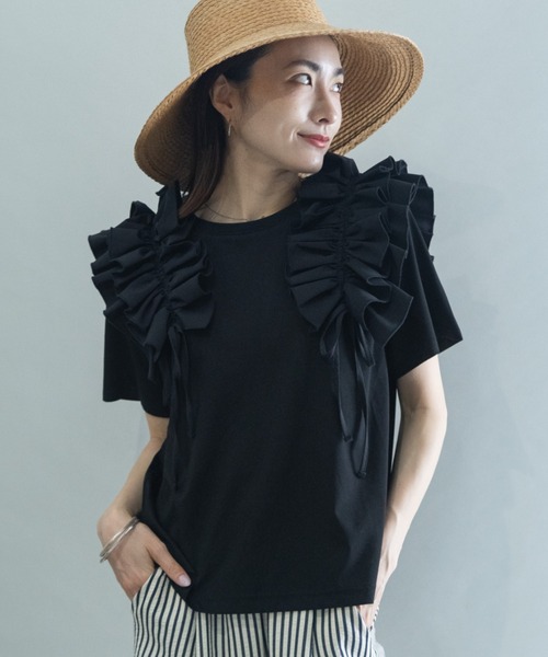 lodie(ロディ)の「フリルリボン デザインカットソー(Tシャツ/カットソー・レディース・アイボリー/ブラック・FREE)」の6枚目の写真