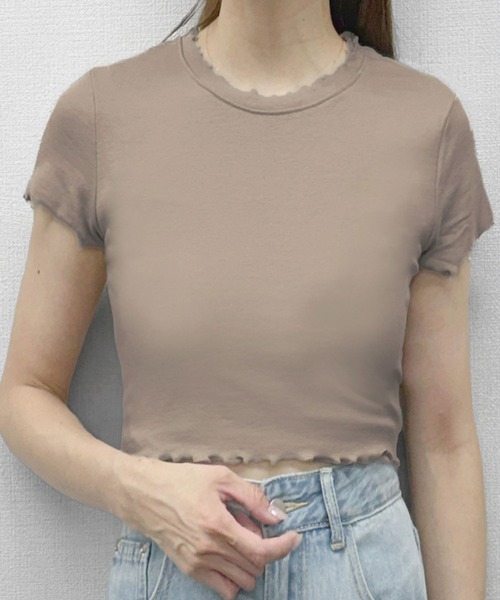 LOWO(ロワ)の「超ストレッチ!素材やわらかショート丈 Tシャツ(Tシャツ/カットソー・レディース・ブルーグレー/オフホワイト/モカ/ベージュ/ブラック/ピンク・FREE)」の5枚目の写真