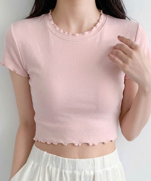 LOWO(ロワ)の「超ストレッチ!素材やわらかショート丈 Tシャツ(Tシャツ/カットソー・レディース・ブルーグレー/オフホワイト/モカ/ベージュ/ブラック/ピンク・FREE)」の1枚目の写真
