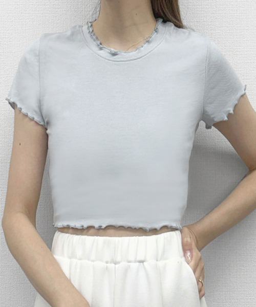 LOWO(ロワ)の「超ストレッチ!素材やわらかショート丈 Tシャツ(Tシャツ/カットソー・レディース・ブルーグレー/オフホワイト/モカ/ベージュ/ブラック/ピンク・FREE)」の4枚目の写真