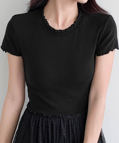 LOWO(ロワ)の「超ストレッチ!素材やわらかショート丈 Tシャツ(Tシャツ/カットソー・レディース・ブルーグレー/オフホワイト/モカ/ベージュ/ブラック/ピンク・FREE)」の3枚目の写真