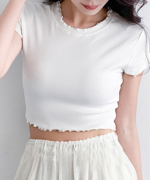 LOWO(ロワ)の「超ストレッチ!素材やわらかショート丈 Tシャツ(Tシャツ/カットソー・レディース・ブルーグレー/オフホワイト/モカ/ベージュ/ブラック/ピンク・FREE)」の21枚目の写真