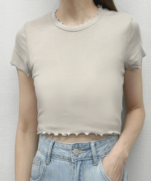 LOWO(ロワ)の「超ストレッチ!素材やわらかショート丈 Tシャツ(Tシャツ/カットソー・レディース・ブルーグレー/オフホワイト/モカ/ベージュ/ブラック/ピンク・FREE)」の10枚目の写真