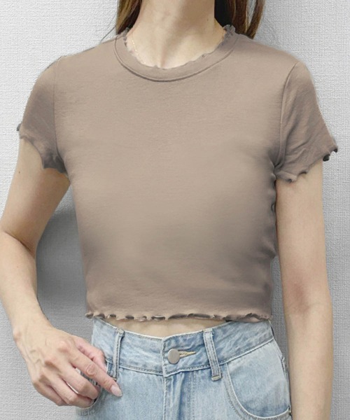 LOWO(ロワ)の「超ストレッチ!素材やわらかショート丈 Tシャツ(Tシャツ/カットソー・レディース・ブルーグレー/オフホワイト/モカ/ベージュ/ブラック/ピンク・FREE)」の12枚目の写真