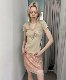 レースロゴ半袖Tシャツ(ベージュ)