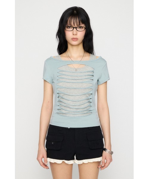 LAGUA GEM(ラグアジェム)の「CUTTING 2PIECE トップス(Tシャツ/カットソー・レディース・アイボリー/ライトブルー/杢グレー・FREE)」の4枚目の写真