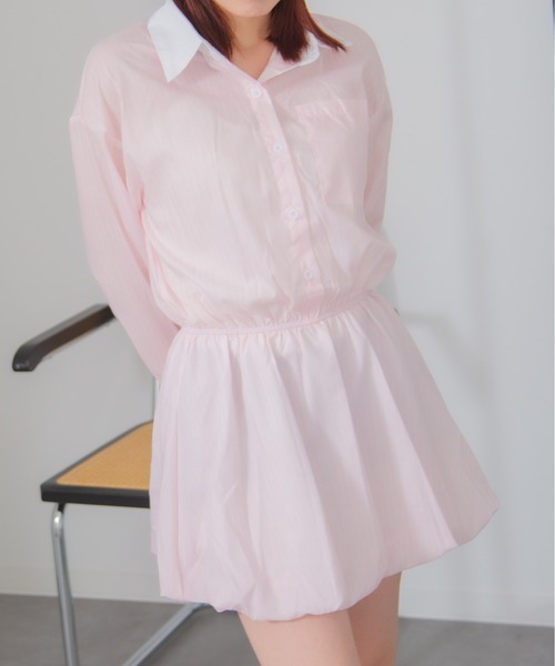 Chiina(チーナ)の「Chiina / ストライプ柄バルーンシャツワンピース(シャツワンピース・レディース・ホワイト/ライトブルー/ブルー/ライトピンク・FREE)」の11枚目の写真