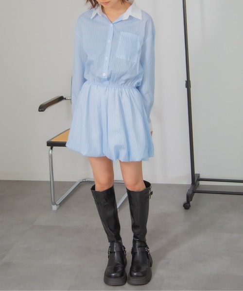 Chiina(チーナ)の「Chiina / ストライプ柄バルーンシャツワンピース(シャツワンピース・レディース・ホワイト/ライトブルー/ブルー/ライトピンク・FREE)」の17枚目の写真