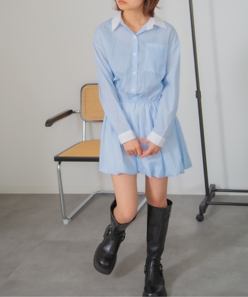 Chiina(チーナ)の「Chiina / ストライプ柄バルーンシャツワンピース(シャツワンピース・レディース・ホワイト/ライトブルー/ブルー/ライトピンク・FREE)」の19枚目の写真