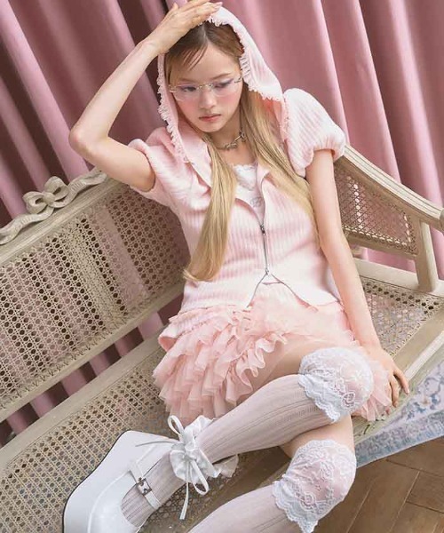 FickleBebe（フィクルベベ）の「リブパフスリーブチュールＰＫ（Tシャツ/カットソー・レディース・ブラック/グレー/イエロー/ピンク・FREE）」の4枚目の写真