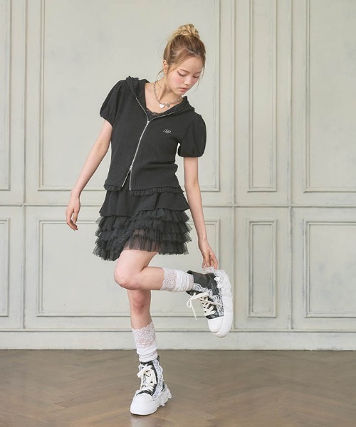 FickleBebe（フィクルベベ）の「リブパフスリーブチュールＰＫ（Tシャツ/カットソー・レディース・ブラック/グレー/イエロー/ピンク・FREE）」の9枚目の写真