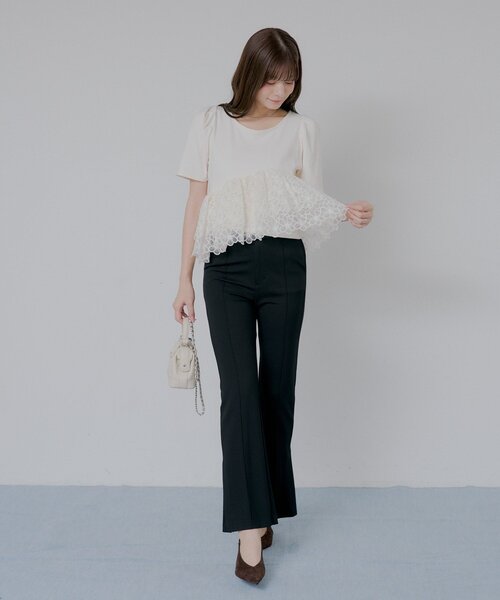 Chico(チコ)の「【SALON by Chico】パフ袖フラワーオーガンジーペプラムトップス(Tシャツ/カットソー・レディース・ブラック系その他/ピンク/ホワイト・FREE)」の5枚目の写真