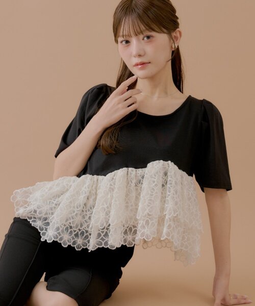 Chico(チコ)の「【SALON by Chico】パフ袖フラワーオーガンジーペプラムトップス(Tシャツ/カットソー・レディース・ブラック系その他/ピンク/ホワイト・FREE)」の10枚目の写真
