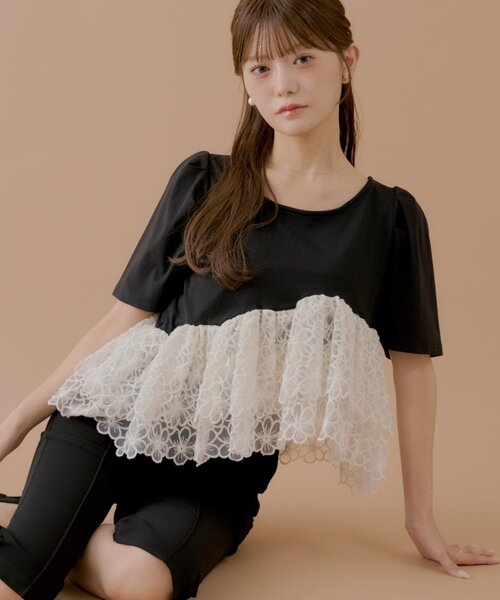 Chico(チコ)の「【SALON by Chico】パフ袖フラワーオーガンジーペプラムトップス(Tシャツ/カットソー・レディース・ブラック系その他/ピンク/ホワイト・FREE)」の11枚目の写真