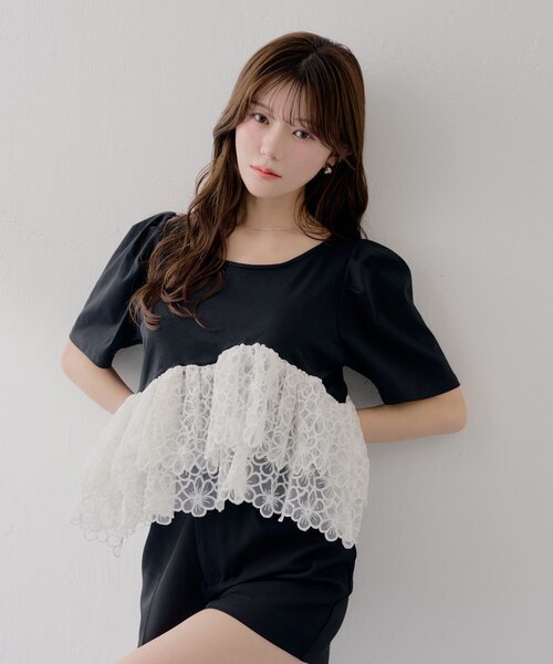 Chico(チコ)の「【SALON by Chico】パフ袖フラワーオーガンジーペプラムトップス(Tシャツ/カットソー・レディース・ブラック系その他/ピンク/ホワイト・FREE)」の19枚目の写真
