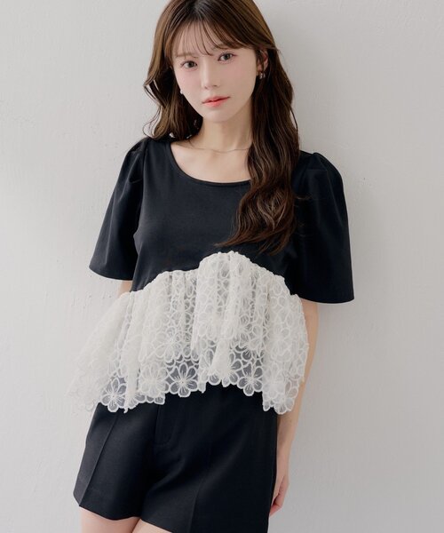 Chico(チコ)の「【SALON by Chico】パフ袖フラワーオーガンジーペプラムトップス(Tシャツ/カットソー・レディース・ブラック系その他/ピンク/ホワイト・FREE)」の20枚目の写真