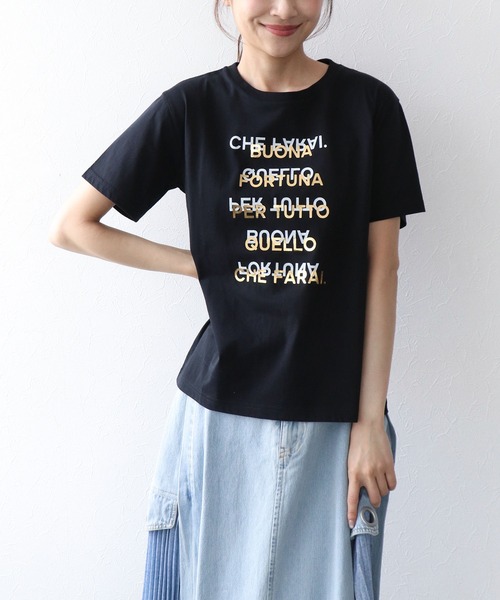 Jines(ジネス)の「箔ロゴプリントTシャツ(Tシャツ/カットソー・レディース・ブラウン/ブルー/ブラック/ホワイト・38)」の2枚目の写真