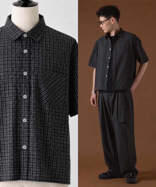 OXA(オグザ)の「ショート丈半袖チェックシャツ OXA(シャツ/ブラウス・メンズ・ブラック/ブラック系・MEDIUM/LARGE)」の2枚目の写真