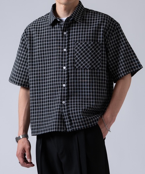 OXA(オグザ)の「ショート丈半袖チェックシャツ OXA(シャツ/ブラウス・メンズ・ブラック/ブラック系・MEDIUM/LARGE)」の3枚目の写真