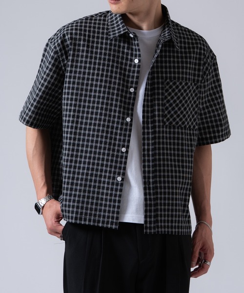 OXA(オグザ)の「ショート丈半袖チェックシャツ OXA(シャツ/ブラウス・メンズ・ブラック/ブラック系・MEDIUM/LARGE)」の6枚目の写真