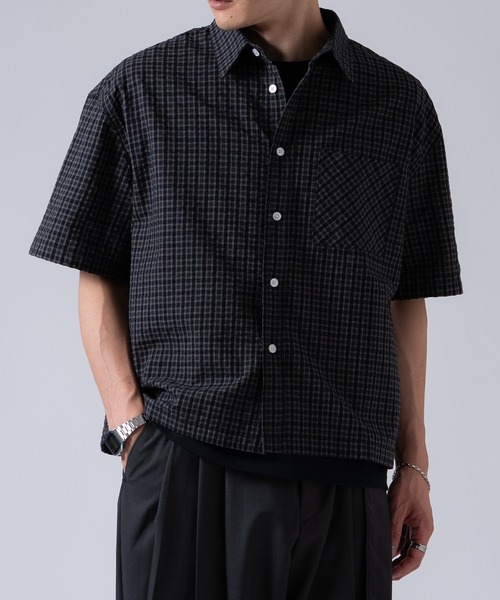 OXA(オグザ)の「ショート丈半袖チェックシャツ OXA(シャツ/ブラウス・メンズ・ブラック/ブラック系・MEDIUM/LARGE)」の11枚目の写真
