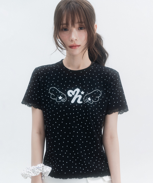 HIGH SCHOOL DISCO(ハイスクールディスコ)の「ドットスターレースショートスリーブ_ブラック(Tシャツ/カットソー・レディース・その他・FREE)」の1枚目の写真