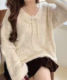 フロントリボン 透かし編み ルーズ ニット