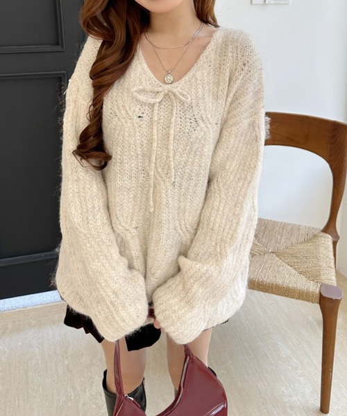 Ada.（エイダ）の「フロントリボン 透かし編み ルーズ ニット（ニット/セーター・レディース・ピンク/アイボリー/グレー・FREE）」の5枚目の写真
