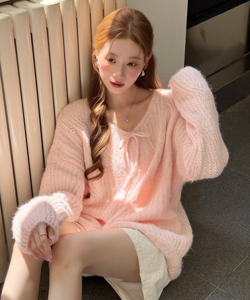 Ada.（エイダ）の「フロントリボン 透かし編み ルーズ ニット（ニット/セーター・レディース・ピンク/アイボリー/グレー・FREE）」の18枚目の写真
