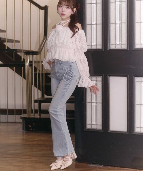 Belle Charme(ベルシャルム)の「【Belle Charme】Twinkle Flare Denim Pants(デニムパンツ・レディース・グレー/サックスブルー/ネイビー・MEDIUM/LARGE/SMALL)」の1枚目の写真