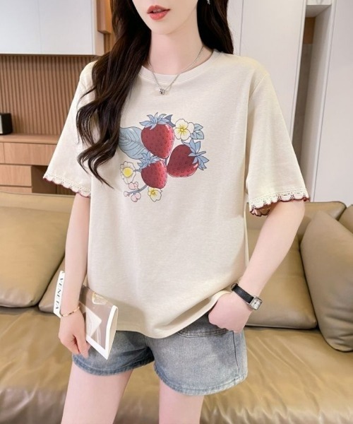Ritzy(リッツィー)の「いちごプリント柄・フリル半袖Tシャツ(Tシャツ/カットソー・レディース・グレー/ホワイト・LARGE/MEDIUM)」の5枚目の写真