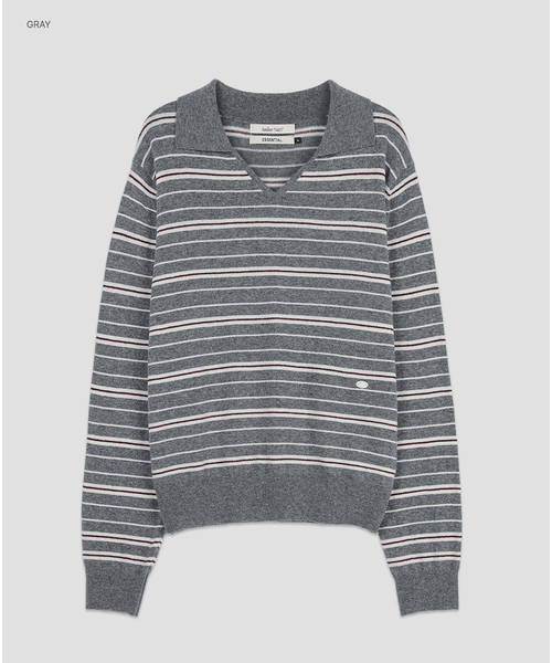 ATELIER NAIN（アトリエナイン）の「(Z-T-7113)ESSENTIAL STRIPE COLLAR KNIT（ニット/セーター・レディース・グレー/ブラウン・FREE）」の2枚目の写真