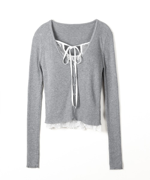 me+em select（ミームセレクト）の「【 ２color 】フロントリボンレースレイヤードリブニットカーディガン ／ front ribbon lace layered lib knit cardigan（カーディガン/ボレロ・レディース・グレー/ブラック・FREE）」の22枚目の写真