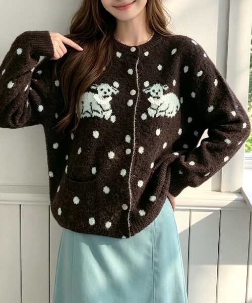 LEMOA（レモア）の「ドット柄アニマルモチーフニットカーディガン（カーディガン/ボレロ・レディース・グレー/ダークブラウン・FREE）」の7枚目の写真
