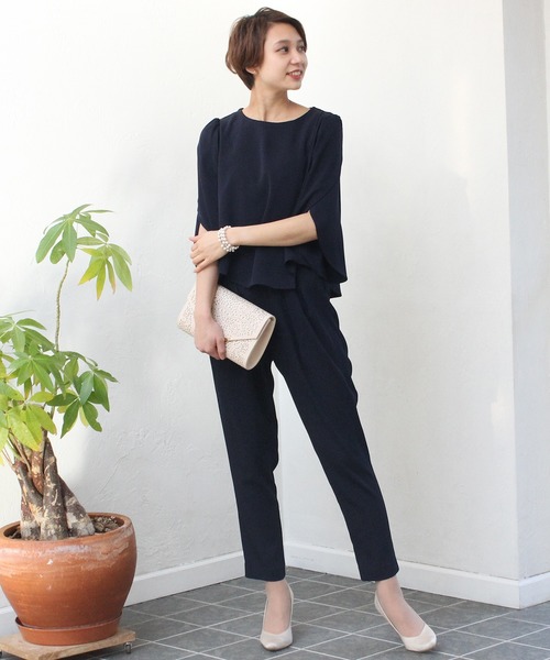 TRUDEA(トルディア)の「五分袖 チューリップスリーブ セットアップ / 結婚式・成人式・謝恩会・パーティードレス(パンツドレス)」|ネイビー