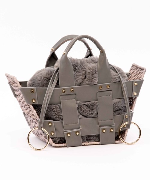 Laugoa(ラウゴア)の「【LAUGOA】ラタン&ファーコンビバッグ Dakota /0173-30002 (トートバッグ・レディース・ブラック/グレー・FREE)」の2枚目の写真