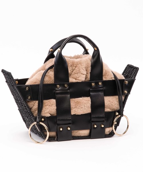 Laugoa(ラウゴア)の「【LAUGOA】ラタン&ファーコンビバッグ Dakota /0173-30002 (トートバッグ・レディース・ブラック/グレー・FREE)」の3枚目の写真