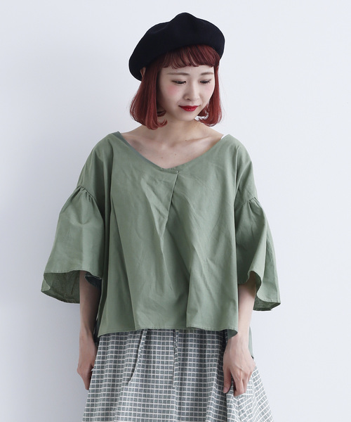 MERLOT（メルロー）の「コットンリネンフレアタックスリーブブラウス1585（シャツ/ブラウス・レディース・ブラック/ベージュ/カーキ/キャメル・FREE）」の3枚目の写真