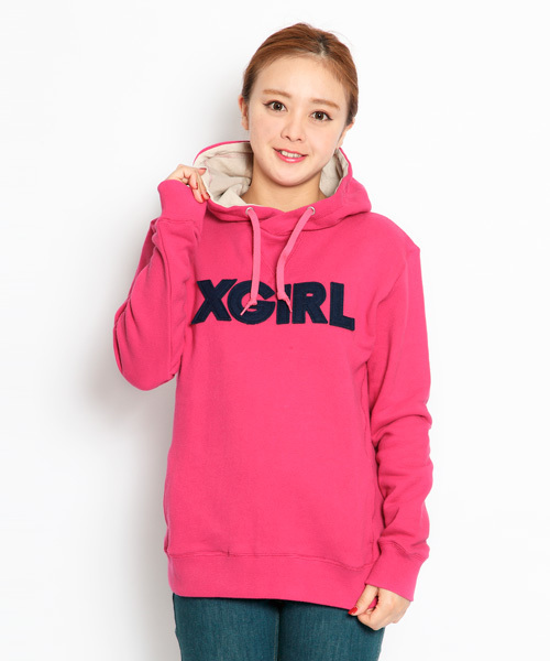 X-girl(エックスガール)の「LOGO PATCHED HOODIE(スウェット・レディース・ブラック/アッシュグレー/ピンク/グリーン/ネイビー・1/2)」の1枚目の写真