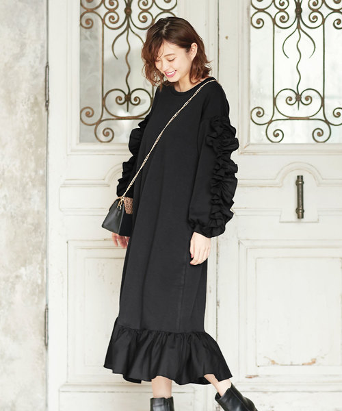 裏起毛スエットマキシ丈フリルワンピース（ワンピース）｜KOBE LETTUCE