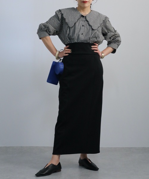 無地・ギンガムチェックスカラップ刺繍ビッグカラーブラウス<デザインブラウス>【ZOZO限定アイテム】