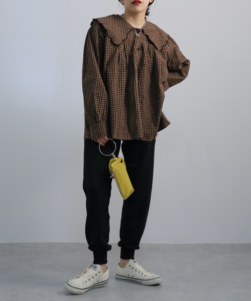 無地・ギンガムチェックスカラップ刺繍ビッグカラーブラウス<デザインブラウス>【ZOZO限定アイテム】