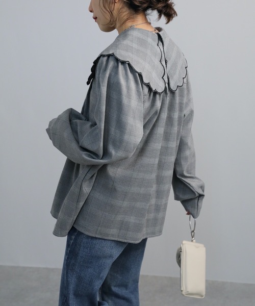 無地・ギンガムチェックスカラップ刺繍ビッグカラーブラウス<デザインブラウス>【ZOZO限定アイテム】