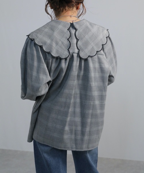 無地・ギンガムチェックスカラップ刺繍ビッグカラーブラウス<デザインブラウス>【ZOZO限定アイテム】