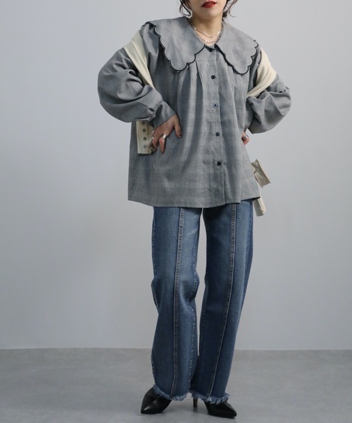 無地・ギンガムチェックスカラップ刺繍ビッグカラーブラウス<デザインブラウス>【ZOZO限定アイテム】