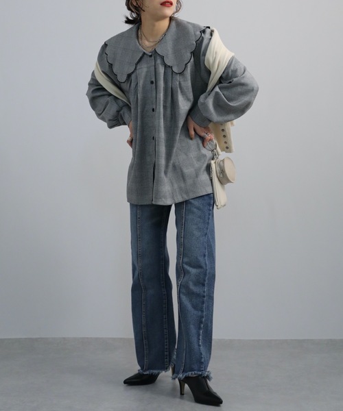 無地・ギンガムチェックスカラップ刺繍ビッグカラーブラウス<デザインブラウス>【ZOZO限定アイテム】