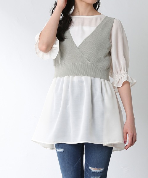 Honeys（ハニーズ）の「ビスチェ付チュニック（シャツ/ブラウス・レディース・ベージュ/ブラック/モカ/ミント・M/L/S）」の4枚目の写真