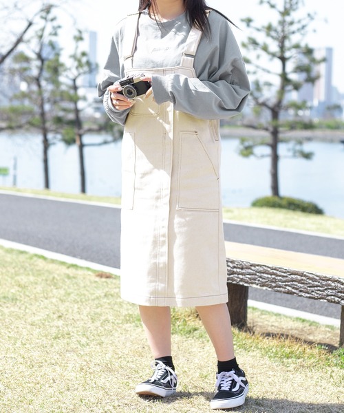 PairPair（ペアペア）の「ステッチジャンスカ/長さ調節自由自在（ジャンパースカート・レディース・ダークブラウン/アイボリー/ベージュ・FREE）」の4枚目の写真