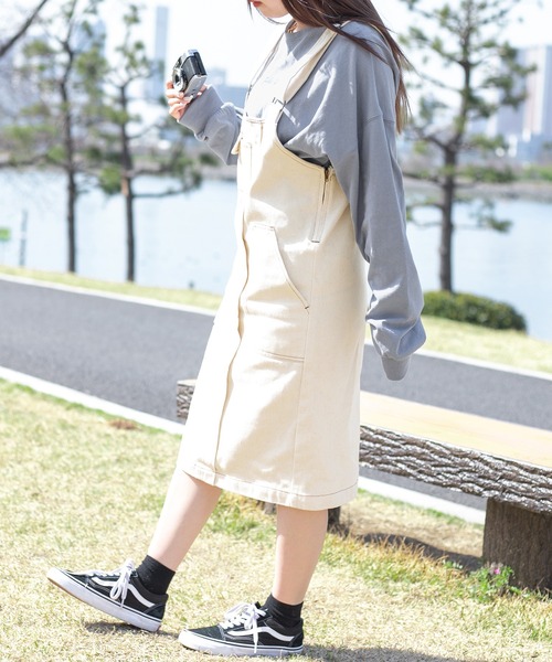 PairPair（ペアペア）の「ステッチジャンスカ/長さ調節自由自在（ジャンパースカート・レディース・ダークブラウン/アイボリー/ベージュ・FREE）」の5枚目の写真