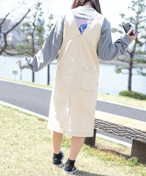 PairPair（ペアペア）の「ステッチジャンスカ/長さ調節自由自在（ジャンパースカート・レディース・ダークブラウン/アイボリー/ベージュ・FREE）」の6枚目の写真